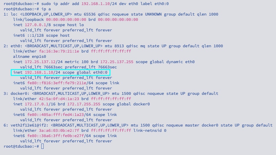 Bạn sẽ thấy địa chỉ IP mới xuất hiện dưới card mạng eth0.