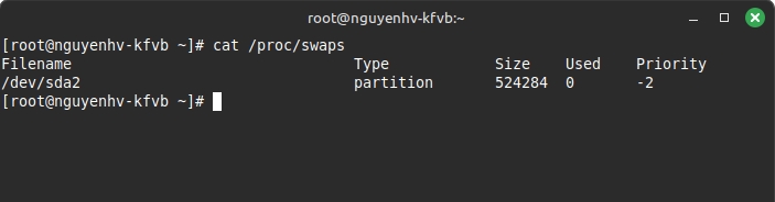 Kết quả hiển thị tên, loại, kích thước và lượng sử dụng của từng không gian swap