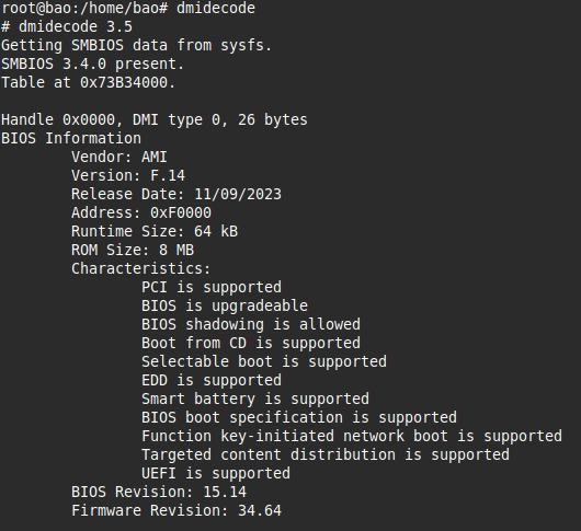 Kết quả hiển thị sau khi thực thi lệnh dmidecode