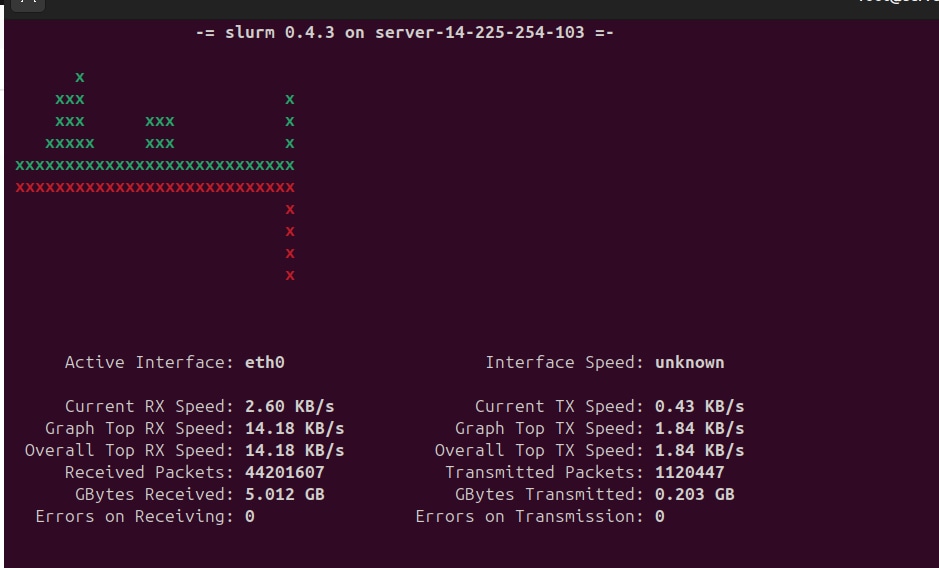 Slurm hiển thị thống kê lưu lượng mạng bằng các biểu đồ ASCII