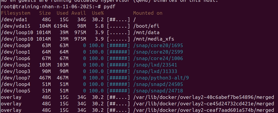 Danh sách các phân vùng cùng với thanh dung lượng