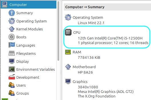 Giao diện thông tin hệ thống khi sử dụng hardinfo