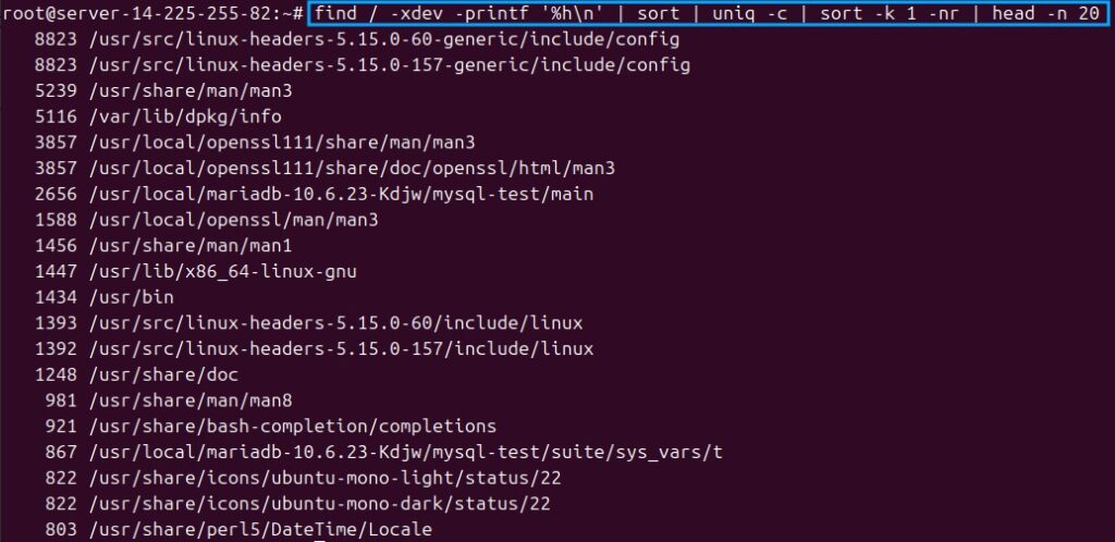 Kết quả sẽ hiển thị thư mục chứa nhiều Inode nhất