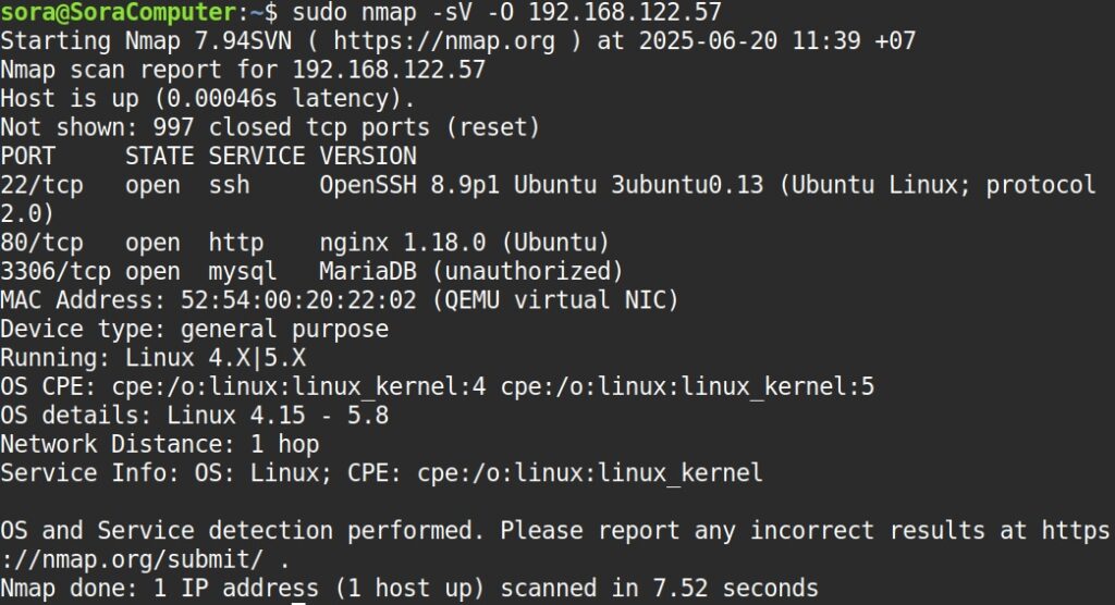 Kết quả hiển thị thông tin server
