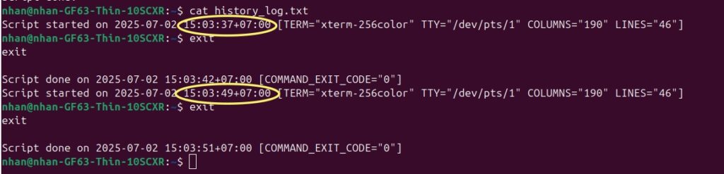 Mỗi phiên mới sẽ được phân tách bằng dòng chứa ngày giờ bắt đầu ghi.