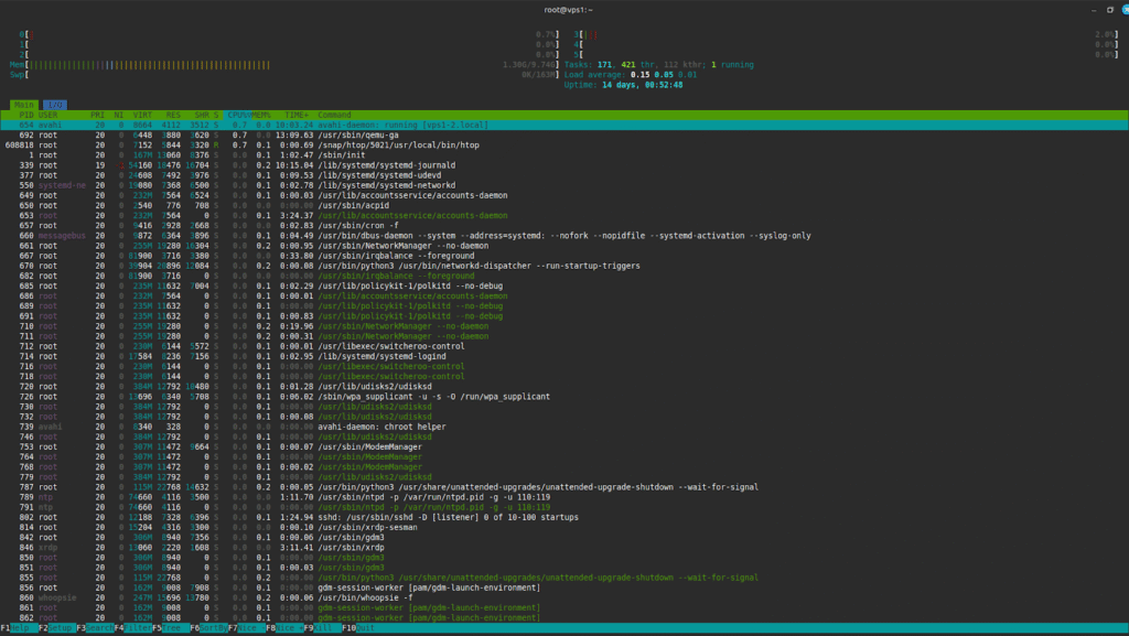 Giao diện hiển thị trực quan khi chạy lệnh htop