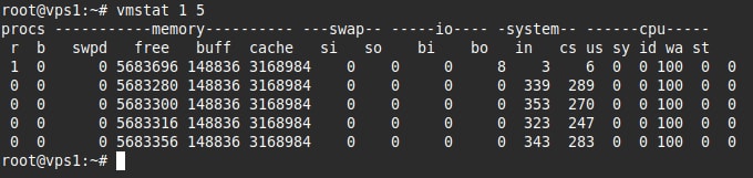 Giao diện hiển thị kết quả sau khi chạy lệnh vmstat 1 5