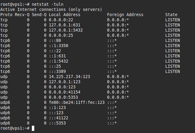 Kết quả hiển thị sau khi chạy lệnh netstat -tuln