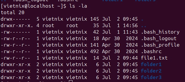 Sau khi chạy lệnh, kết quả sẽ liệt kê toàn bộ file và thư mục trong thư mục hiện tại