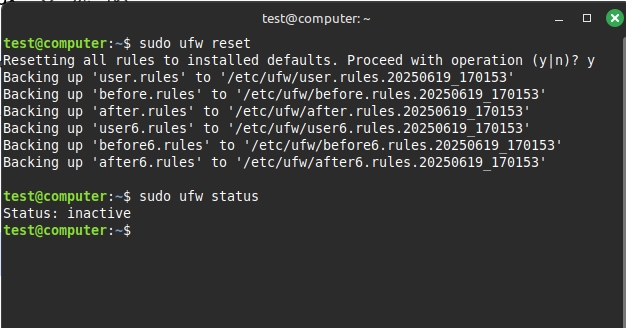 Kết quả hiển thị sau khi reset UFW về mặt định