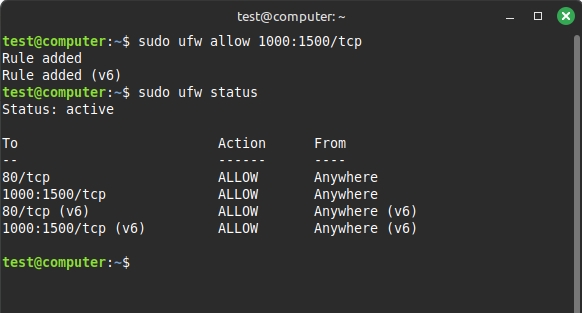 mở một dải cổng từ 1000 đến 1500 trên firewall UFW