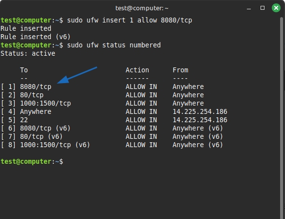 Chèn quy tắc cho phép truy cập đến cổng 8080 trên server và vị trí nằm ở số 1.