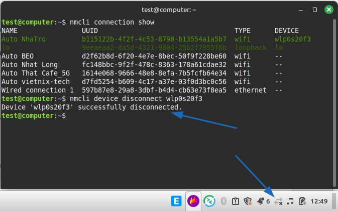 Kết quả hiển thị khi chạy lệnh ngắt kết nối