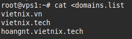 Sử dụng lệnh cat để đọc nội dung từ tệp tin domains.list