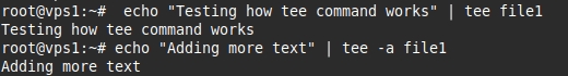 Kết quả hiển thị khi sử dụng tùy chọn -a với tee