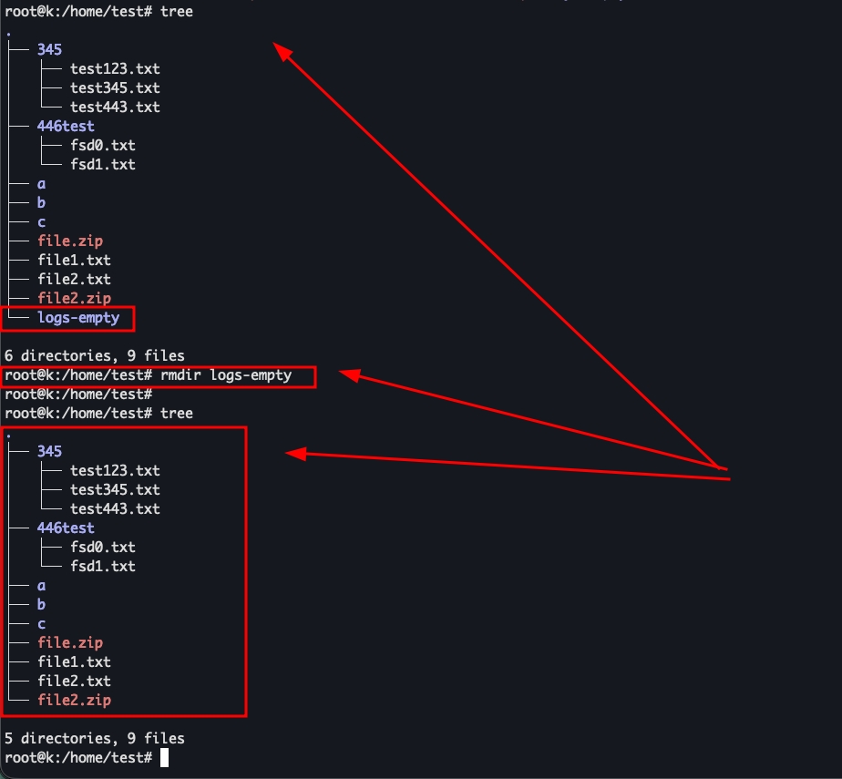 Kết quả hiển thị khi thực hiện lệnh xóa một thư mục trống