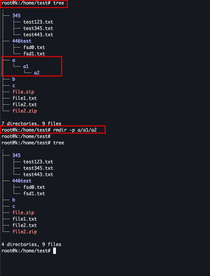 Kết quả hiển thị khi bạn xóa chuỗi thư mục rỗng bằng -p