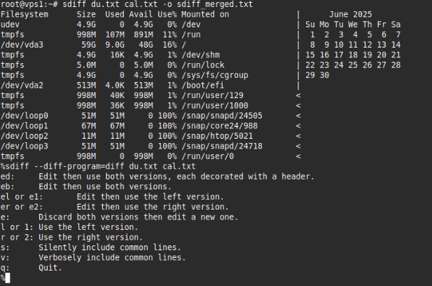 sdiff sẽ hiển thị từng khối khác biệt và dừng lại với dấu % ở cuối dòng