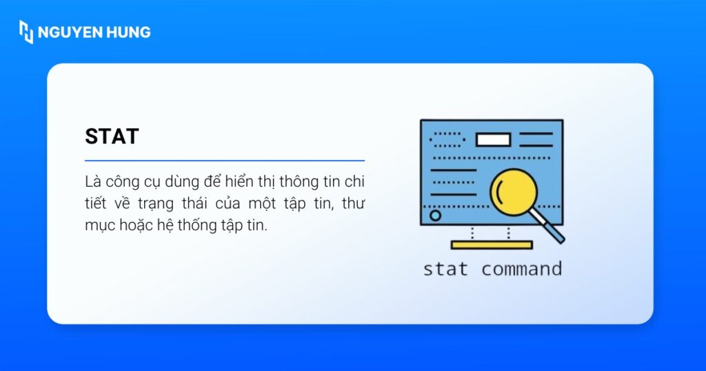 Lệnh stat được dùng để hiển thị thông tin chi tiết về trạng thái của một file, thư mục hoặc hệ thống file. 