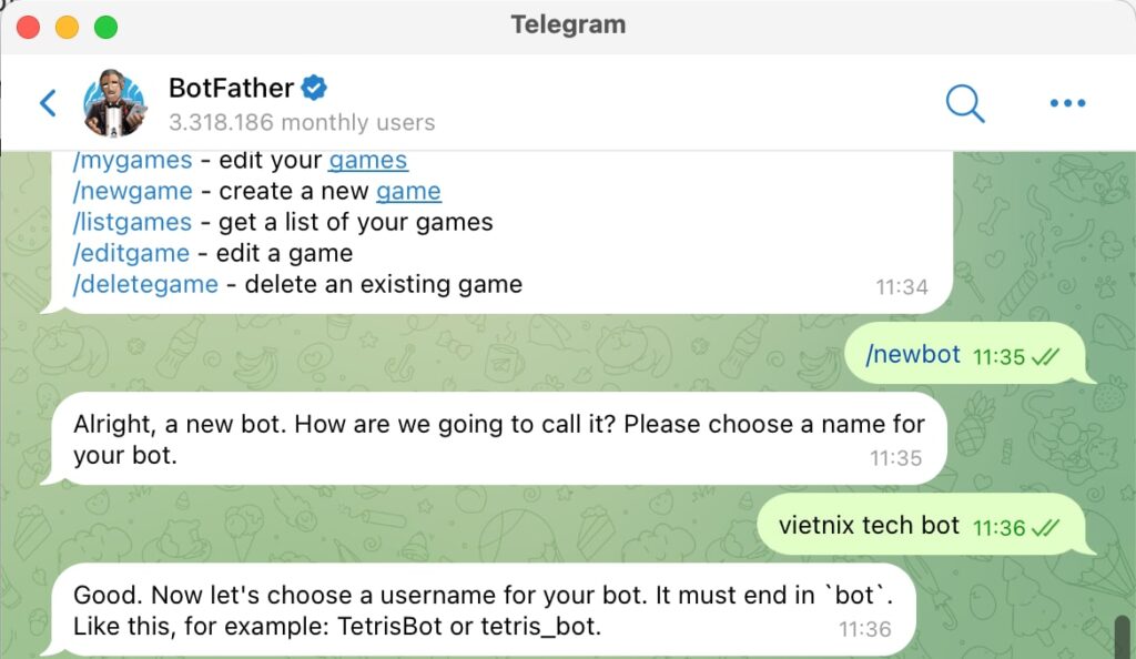 Tiếp theo, bạn đặt tên (display name) và tên người dùng (username) cho bot