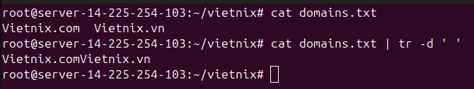 kết quả hiển thị sẽ xóa tất cả khoảng trắng trong file domains.txt
