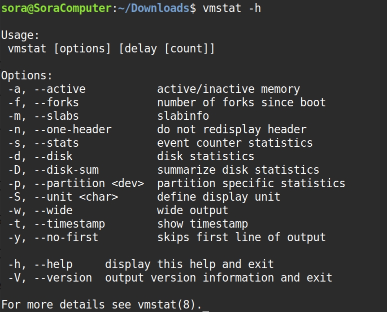 Kết quả hiển thị sau khi thực hiện lệnh vmstat -h 