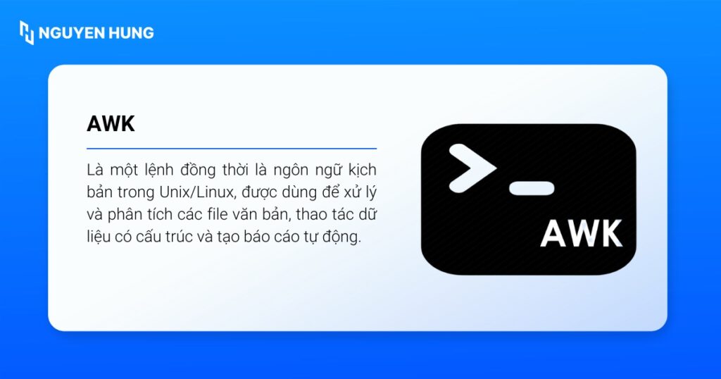 Lệnh awk là lệnh được dùng để xử lý và phân tích các file văn bản
