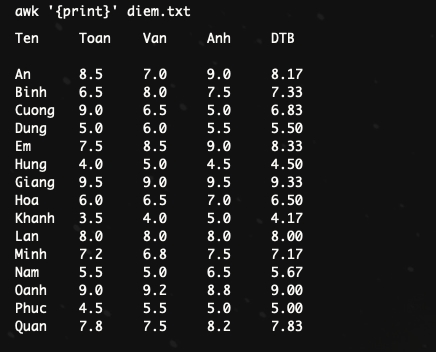 Bạn dùng awk chạy thẳng trên CLI để in ra tương tự như cat