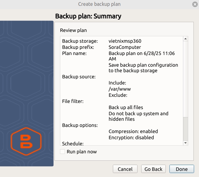 chọn Start để bắt đầu quá trình backup