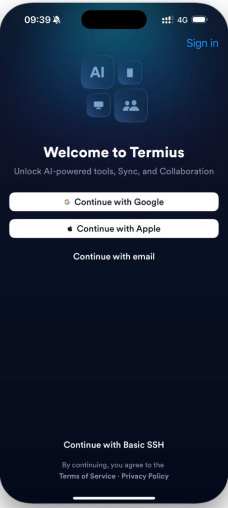 Bạn cài và mở Termius, tạo tài khoản nếu muốn