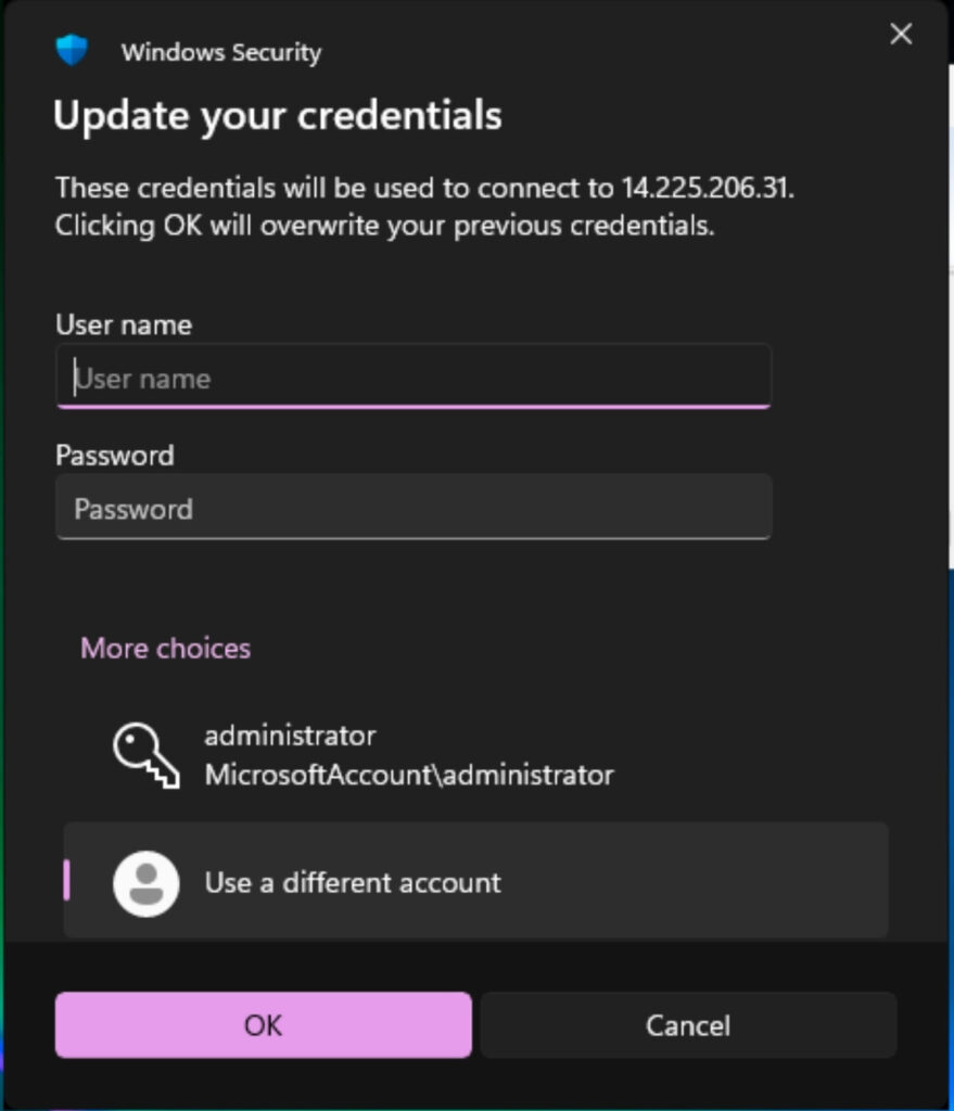 Bước kế tiếp là nhập Username và Password do nhà cung cấp dịch vụ VPS cung cấp