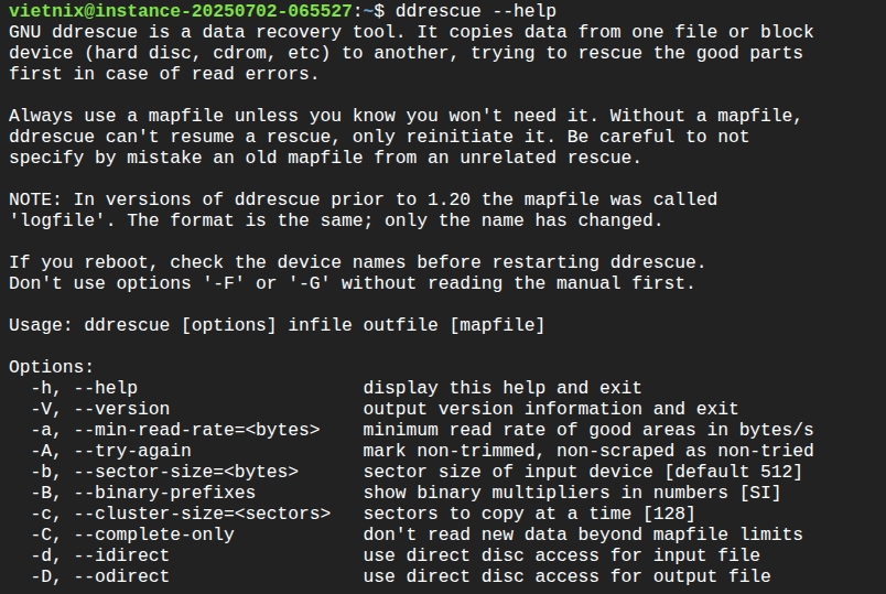 Cú pháp, các tham số, tùy chọn, và mô tả ngắn cách sử dụng lệnh ddrescue