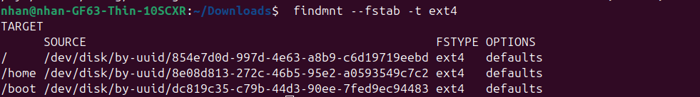 Hiển thị các dòng trong /etc/fstab có kiểu ext4 hoặc xfs