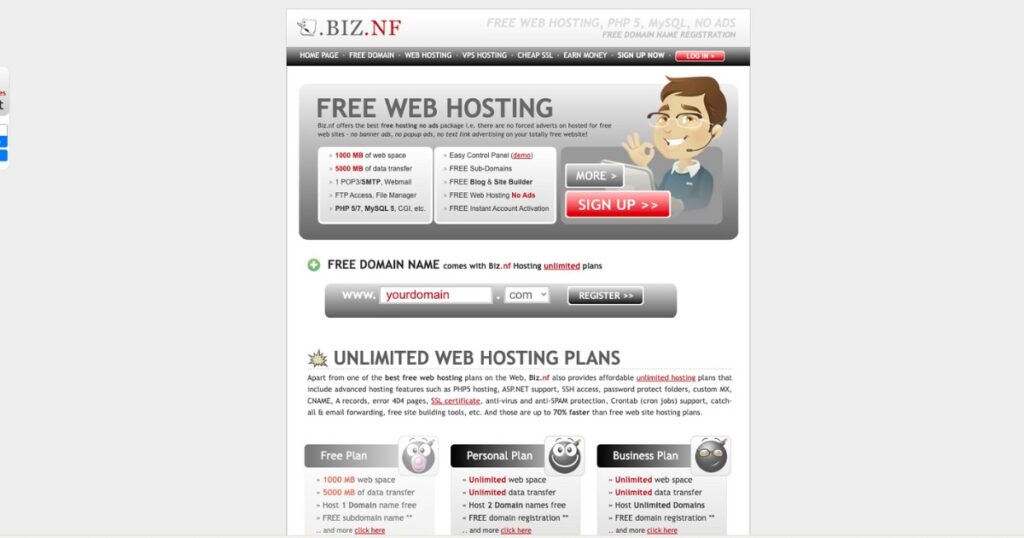 Biz.nf cung cấp dịch vụ web hosting miễn phí với dung lượng đĩa 1GB và 5GB băng thông mỗi tháng