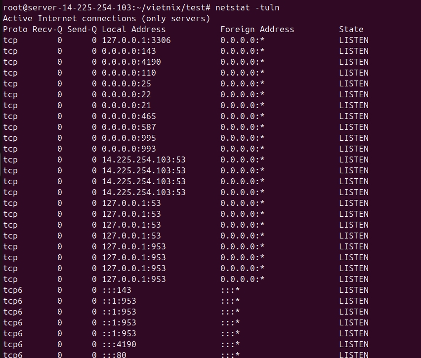 Lệnh netstat -tuln để liệt kê nhanh toàn bộ các cổng TCP/UDP đang mở dưới dạng số