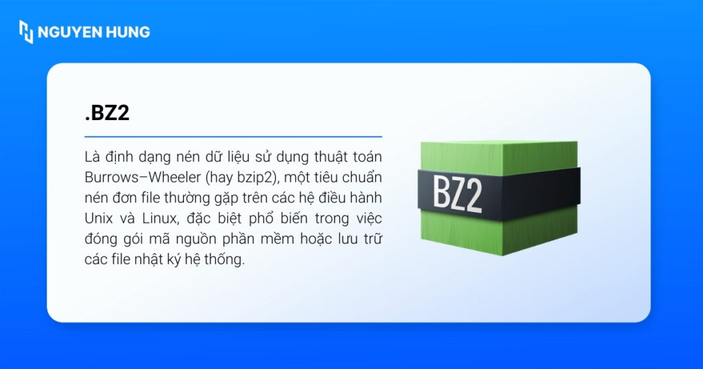 .bz2 là định dạng nén dữ liệu sử dụng thuật toán Burrows–Wheeler (hay bzip2)