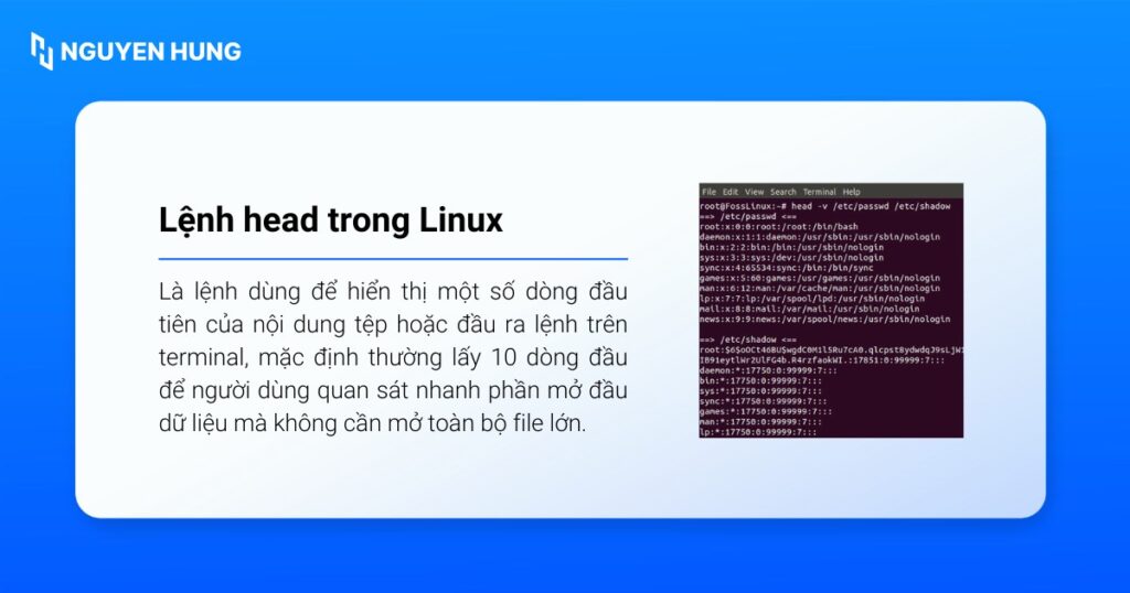 Lệnh head trong Linux là lệnh dùng để hiển thị một số dòng đầu tiên của nội dung tệp hoặc đầu ra lệnh trên terminal