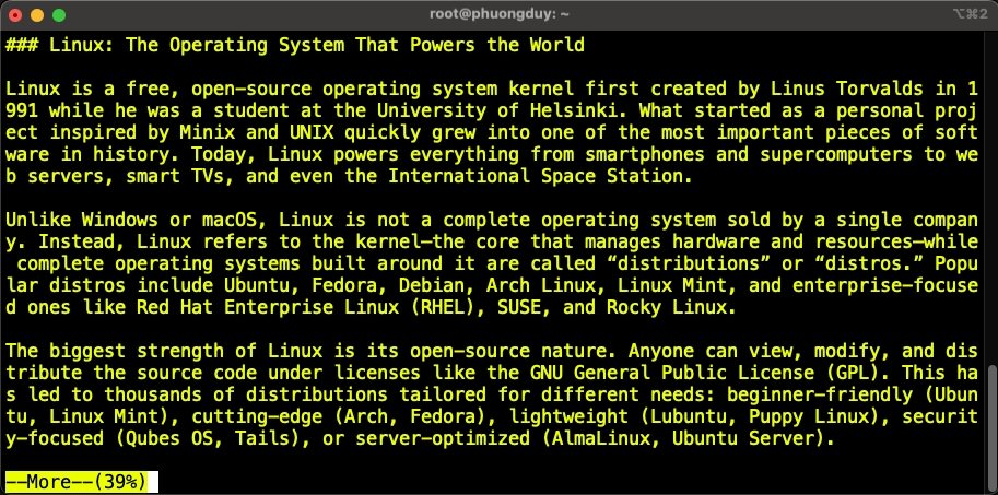 Xem nội dung file more.txt theo kiểu phân trang trong terminal Linux