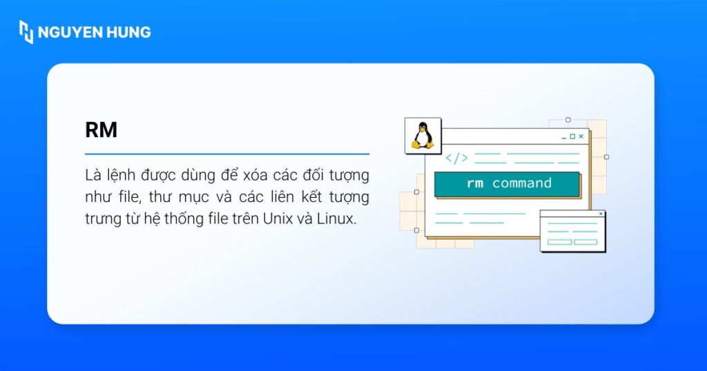 Lệnh rm trong hệ điều hành Linux là viết tắt của từ "remove"