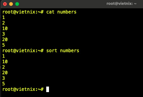 Sắp xếp số theo kiểu mặc định