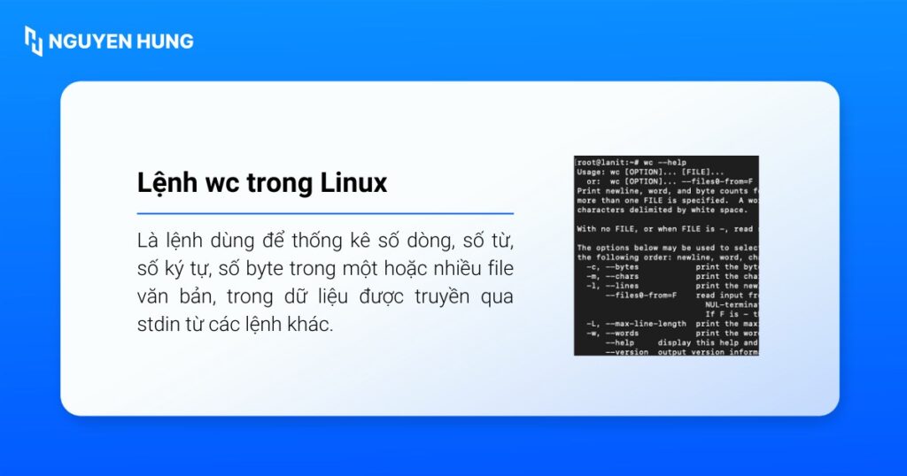 Lệnh wc trong Linux là lệnh dùng để thống kê số dòng, số từ, số ký tự, số byte trong một hoặc nhiều file văn bản
