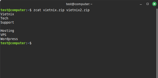 Output của lệnh zcat file1.zip  file2.zip