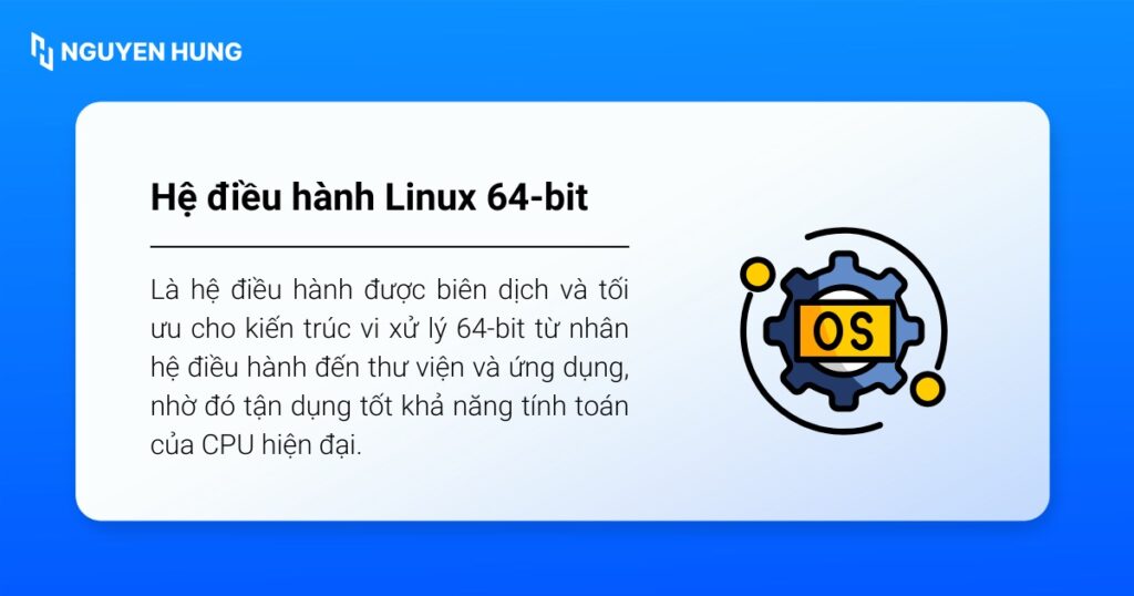 Linux 64-bit được biên dịch và tối ưu cho kiến trúc vi xử lý 64-bit từ nhân hệ điều hành đến thư viện và ứng dụng