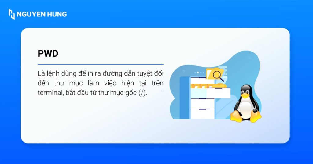 Lệnh pwd trong Linux dùng để in ra đường dẫn tuyệt đối đến thư mục làm việc hiện tại trên terminal