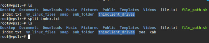 Khi lệnh trên được chạy, nội dung trong index.txt sẽ được cắt ra thành các file con với tên lần lượt như xaa, xab, xac, … 