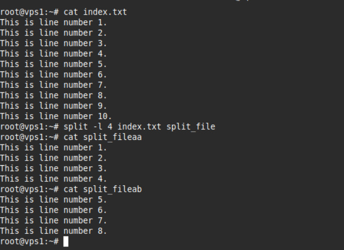 Câu lệnh trên sẽ chia file index.txt thành nhiều file con, mỗi file chứa đúng 4 dòng dữ liệu với tên file được ghép tiền tố split_file