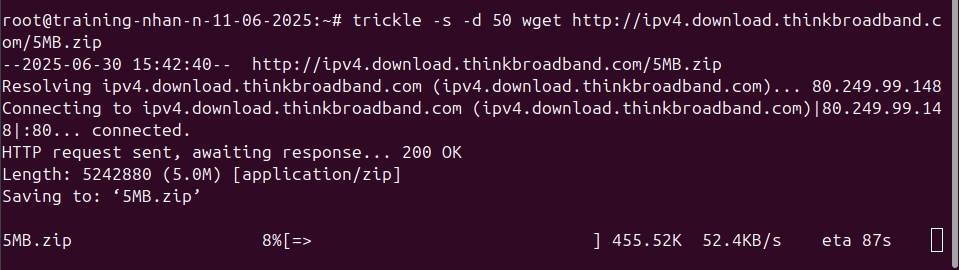 Kết quả hiển thị sau khi tải một file zip với giới hạn download 50KB/s và upload 10KB/s,