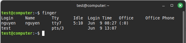 Bạn chạy lệnh finger để xem người dùng hiện tại
