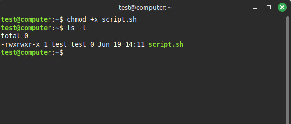 Kết quả trả về khi thêm lệnh chmod +x script.sh