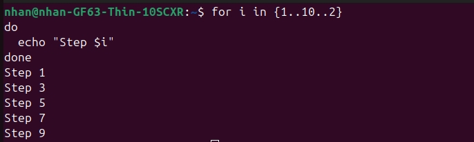 Kết quả hiển thị khi lặp với bước nhảy